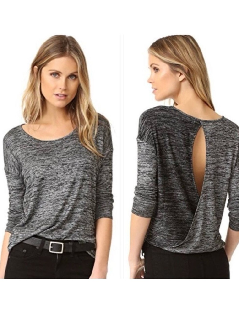 Rag & Bone/Jean Black & Gray Marled Long-Sleeve Top w/Draped Open Back